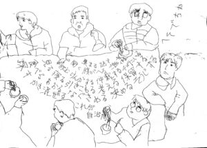 Nabe no Kai (hot-pot gathering) at the communal space, Hesodecha. Drawing by Kumiko.